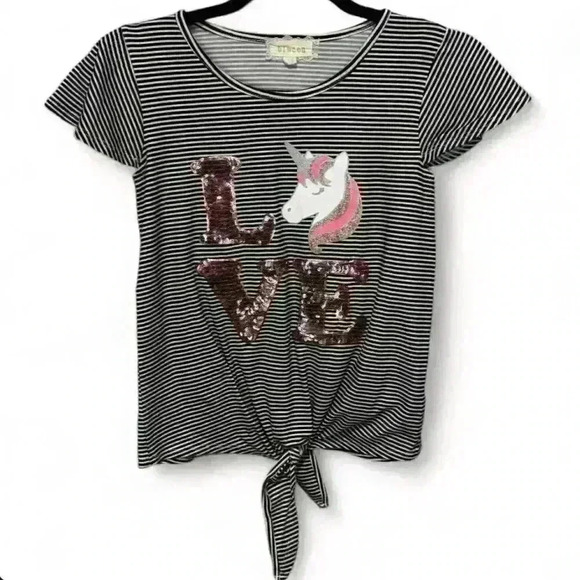 Btween Girls Unicorn Sequin Stripe T-Shirt Black Size 10 Casual Top - Picture 1 of 4